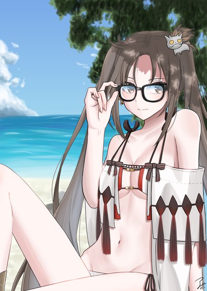 Anime-Bild 2000x2800 mit fate (series) fate/grand order yu mei-ren (fate) yu miaoyi (swimsuit lancer) abo leen single long hair tall image looking at viewer fringe highres breasts light erotic brown hair sitting twintails brown eyes signed sky cloud (clouds)