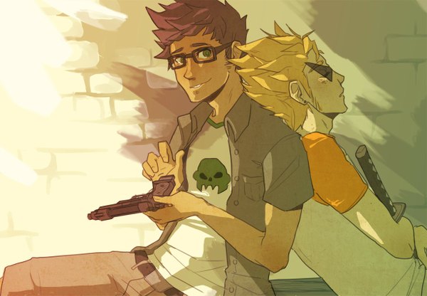 Anime picture 1228x853 with homestuck dirk strider jake english piyorii blush short hair blonde hair smile brown hair green eyes eyes closed multiple boys sleeping back to back boy weapon sword glasses katana gun