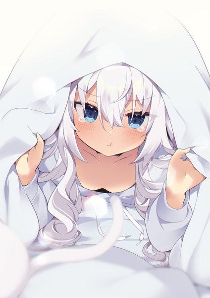 Anime picture 1000x1415 with original msp sammy single long hair tall image looking at viewer blush fringe breasts light erotic simple background hair between eyes white background white hair lying long sleeves head tilt drill hair on stomach :t