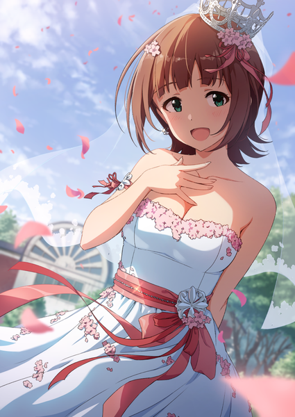Anime picture 752x1062 with idolmaster idolmaster (classic) amami haruka amochin single tall image short hair open mouth brown hair green eyes sky cleavage cloud (clouds) outdoors :d wind sleeveless girl dress ribbon (ribbons)