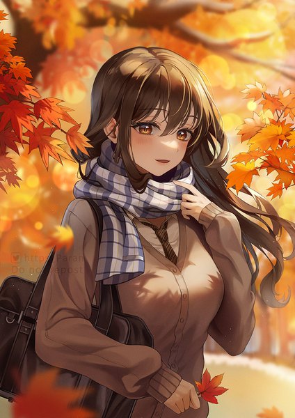 Anime picture 919x1300 with original paran single long hair tall image looking at viewer blush fringe open mouth hair between eyes brown hair standing holding brown eyes outdoors long sleeves blurry lens flare autumn girl