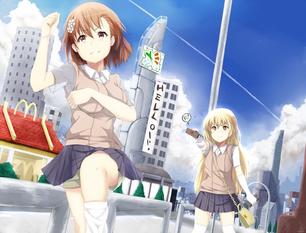 Anime picture 1596x1216 with to aru kagaku no railgun to aru majutsu no index j.c. staff misaka mikoto shokuhou misaki hews long hair short hair blonde hair brown hair multiple girls brown eyes city running girl thighhighs skirt gloves uniform 2 girls