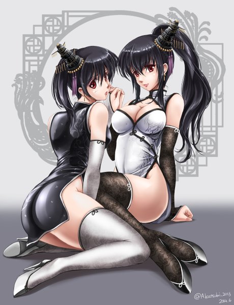 Anime picture 1000x1302 with kantai collection yamashiro battleship fusou battleship akatsuki matsumoto long hair tall image looking at viewer light erotic black hair red eyes multiple girls cleavage ponytail side ponytail chinese clothes girl thighhighs hair ornament black thighhighs 2 girls