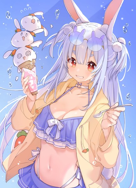 Anime picture 1800x2500 with virtual youtuber hololive usada pekora 88 (einnimnech) single long hair tall image looking at viewer fringe highres breasts light erotic smile hair between eyes sky silver hair open clothes orange eyes two side up alternate costume