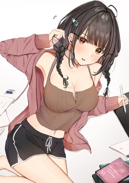 Anime picture 2828x4000 with original uiri-na single long hair tall image looking at viewer blush highres breasts open mouth light erotic black hair large breasts sitting holding brown eyes cleavage ahoge indoors braid (braids)