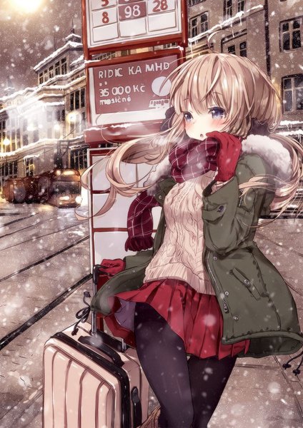 Anime picture 723x1023 with original 218 single long hair tall image blush fringe open mouth blonde hair hair between eyes purple eyes holding looking away ahoge long sleeves pleated skirt wind open jacket fur trim text