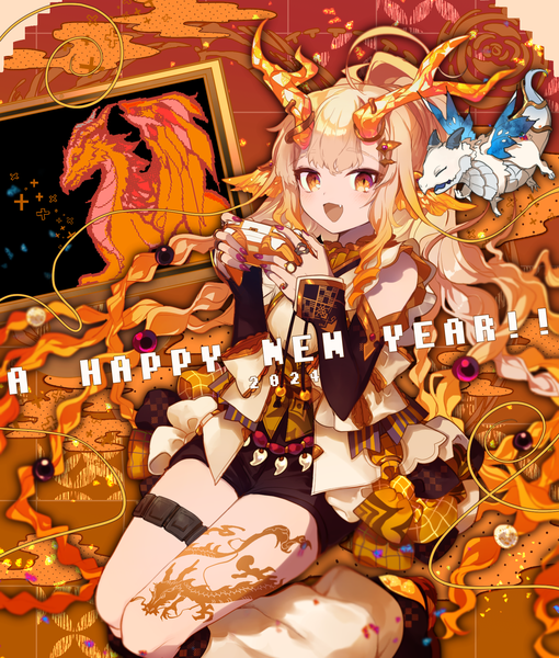 Anime picture 1699x2000 with original cyawa single long hair tall image looking at viewer fringe open mouth blonde hair yellow eyes ponytail nail polish :d horn (horns) fang (fangs) tattoo new year fantasy happy new year purple nail polish