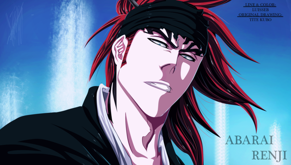 Anime picture 1920x1090 with bleach studio pierrot abarai renji luisseb single long hair highres blue eyes wide image red hair japanese clothes inscription coloring portrait boy kimono bandana