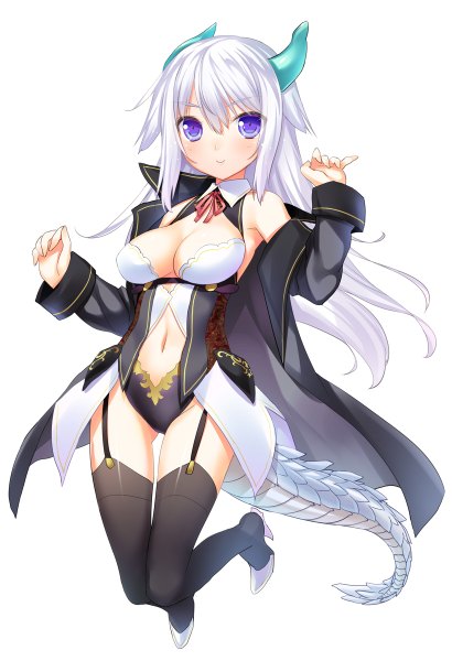 Anime picture 820x1200 with original 47agdragon single long hair tall image looking at viewer breasts blue eyes light erotic simple background smile white background white hair horn (horns) dragon tail girl thighhighs dress navel black thighhighs