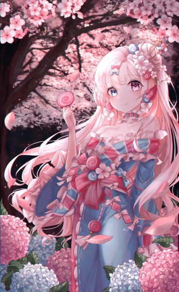 Anime picture 3600x5870 with original bbeedol single long hair tall image looking at viewer blush fringe highres blue eyes smile standing holding payot pink hair absurdres outdoors traditional clothes japanese clothes pink eyes