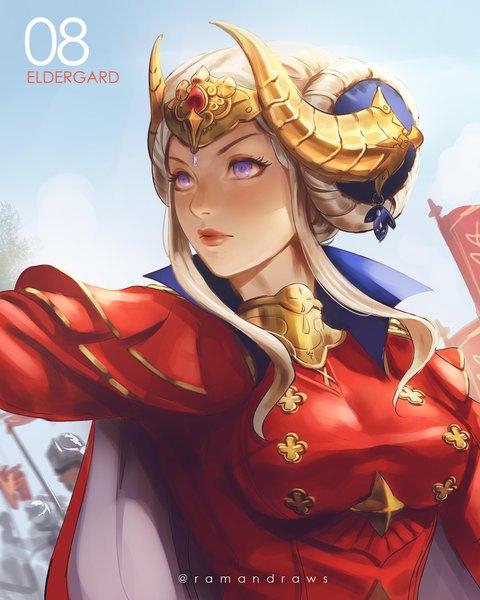 Anime picture 2160x2700 with fire emblem fire emblem: three houses nintendo edelgard von hresvelg ramandraws tall image highres short hair purple eyes signed looking away silver hair upper body horn (horns) character names twitter username solo focus girl number (numbers)