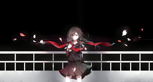 Anime picture 1000x537 with kagerou project shaft (studio) tateyama ayano mamenomoto single long hair looking at viewer fringe brown hair wide image standing holding pleated skirt hair over one eye grey eyes weightlessness girl skirt uniform hair ornament