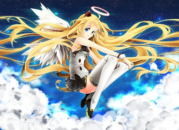 Anime picture 1200x872 with vocaloid seeu l-edogawa ledogawa single blue eyes light erotic blonde hair smile cloud (clouds) very long hair pleated skirt pantyshot angel wings girl thighhighs skirt underwear panties white thighhighs