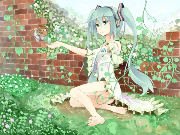 Anime picture 3264x2448 with vocaloid hatsune miku kagamine09 single long hair highres twintails green eyes absurdres barefoot green hair girl dress flower (flowers) plant (plants) animal headphones bird (birds)
