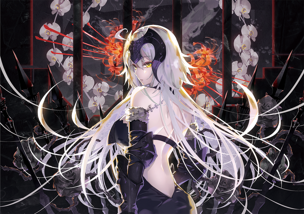 Anime picture 2000x1410 with fate (series) fate/grand order jeanne d'arc (fate) (all) jeanne d'arc alter (fate) jeanne d'arc alter (avenger) (third ascension) (fate) tsurukame single long hair looking at viewer fringe highres breasts hair between eyes large breasts standing yellow eyes silver hair ahoge parted lips looking back