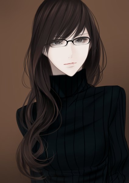 Anime picture 904x1280 with original erise single long hair tall image fringe simple background brown hair looking away upper body grey eyes brown background girl glasses sweater turtleneck ribbed sweater