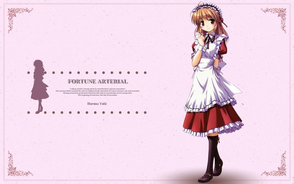Anime picture 1920x1200 with fortune arterial august soft yuuki haruna single long hair blush highres simple background blonde hair smile wide image brown eyes inscription maid wallpaper pink background girl socks headdress maid headdress
