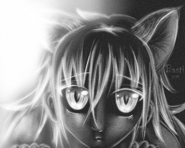 Anime picture 1280x1024 with original basti rin long hair looking at viewer bare shoulders animal ears cat ears shadow cat girl light face sad girl