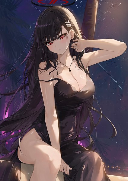 Anime picture 1054x1491 with blue archive rio (blue archive) dema hmw single long hair tall image looking at viewer blush fringe breasts light erotic black hair red eyes large breasts sitting cleavage outdoors blunt bangs head tilt arm up
