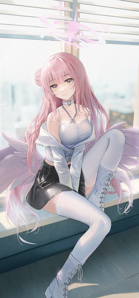 Anime-Bild 1600x3434 mit blue archive mika (blue archive) flippy (cripine111) single long hair tall image fringe breasts sitting bare shoulders yellow eyes looking away pink hair full body indoors blunt bangs off shoulder hair bun (hair buns) alternate costume between legs