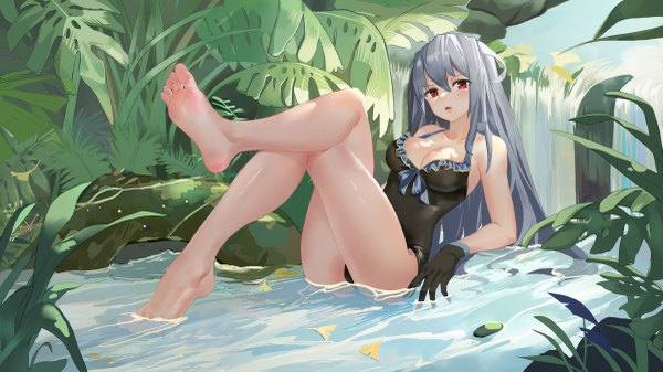 Anime picture 4800x2700 with arknights skadi (arknights) mr.yu single long hair looking at viewer blush fringe highres breasts open mouth light erotic hair between eyes red eyes wide image large breasts sitting absurdres cleavage silver hair