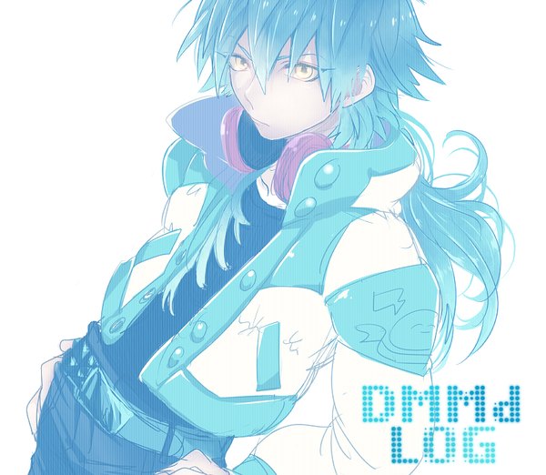 Anime picture 810x706 with dramatical murder nitro+chiral aoba (dmmd) yuta arata single long hair fringe simple background hair between eyes white background yellow eyes looking away upper body from above aqua hair open jacket copyright name headphones around neck hands on hips boy