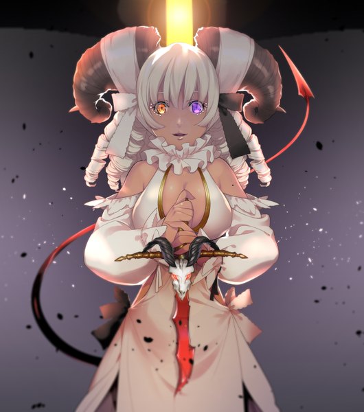 Anime picture 2751x3116 with original aura (ion) single long hair tall image looking at viewer highres open mouth white hair horn (horns) heterochromia drill hair girl dress weapon sword