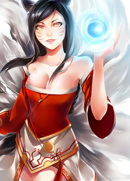Anime picture 800x1118 with league of legends ahri (league of legends) akaiyuue single long hair tall image looking at viewer fringe breasts light erotic black hair large breasts standing white background bare shoulders animal ears yellow eyes cleavage tail animal tail