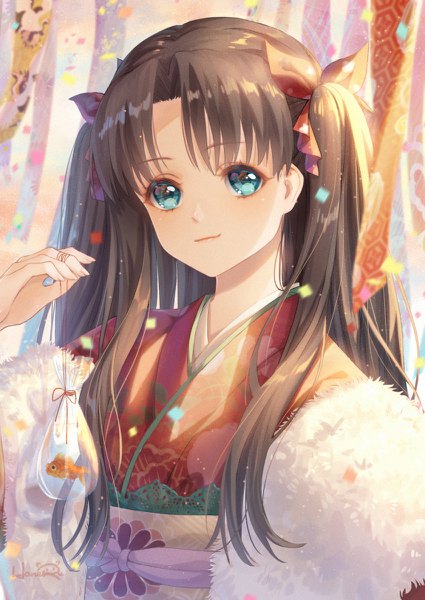 Anime picture 850x1200 with fate (series) fate/stay night toosaka rin haneru single long hair tall image looking at viewer blush fringe blue eyes smile hair between eyes brown hair holding signed upper body traditional clothes head tilt japanese clothes