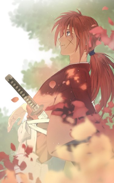 Anime picture 844x1351 with rurouni kenshin himura kenshin sua lucid single long hair tall image smile looking away red hair traditional clothes japanese clothes profile scar low ponytail sheathed boy weapon sword kimono katana