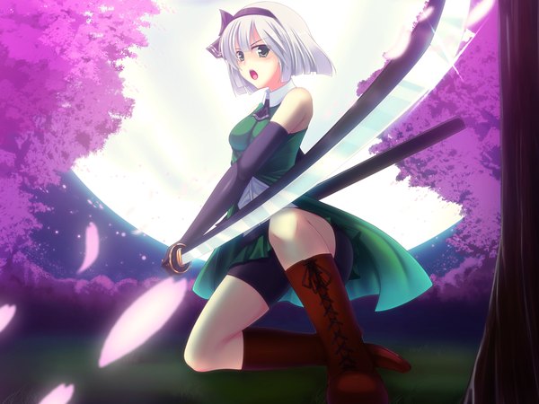 Anime picture 1600x1200 with touhou konpaku youmu koneko (nonnkimono) short hair open mouth green eyes white hair night cherry blossoms girl weapon plant (plants) petals sword tree (trees) hairband moon