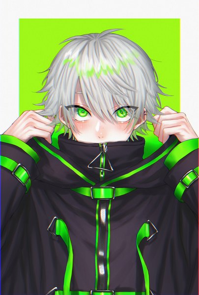Anime picture 2362x3496 with original shiyon (shiyon44 me) single tall image looking at viewer blush fringe highres short hair simple background hair between eyes green eyes silver hair upper body ahoge arms up piercing border portrait ear piercing
