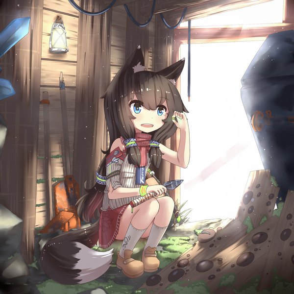 Anime picture 1920x1920 with original hinbackc single long hair fringe highres open mouth blue eyes hair between eyes brown hair sitting bare shoulders holding animal ears looking away full body tail animal tail fox ears fox tail