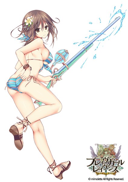 Anime picture 848x1200 with brave girl ravens adelaide matome (brave girl ravens) sorai shin'ya single tall image short hair breasts light erotic simple background brown hair large breasts standing white background holding brown eyes light smile official art turning head watermark standing on one leg