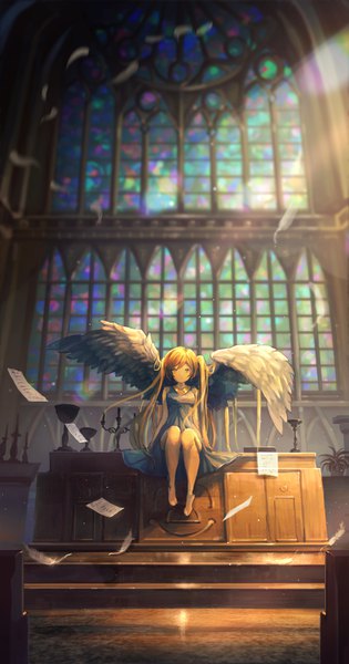 Anime picture 2106x4004 with original nogi momoko single long hair tall image looking at viewer fringe highres brown hair sitting brown eyes full body indoors wind sunlight blurry arm support depth of field angel wings angel