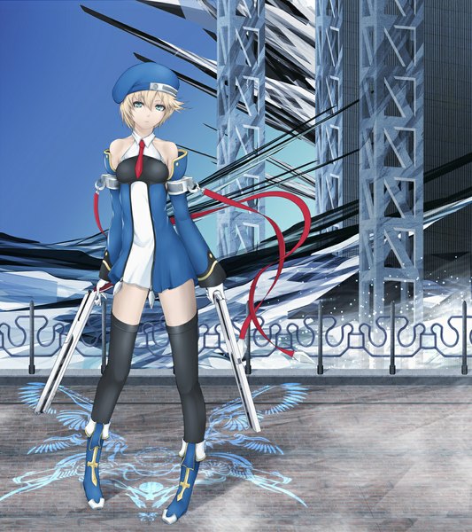 Anime picture 1000x1125 with blazblue noel vermillion kyoeiki single tall image short hair blue eyes blonde hair girl thighhighs gloves ribbon (ribbons) weapon black thighhighs detached sleeves pantyhose necktie boots fingerless gloves gun