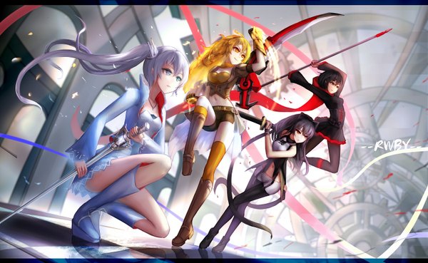 Anime picture 1500x924 with rwby rooster teeth ruby rose weiss schnee blake belladonna yang xiao long wangchuan de quanyan long hair short hair blue eyes black hair blonde hair wide image multiple girls brown eyes yellow eyes silver hair light smile fighting stance girl