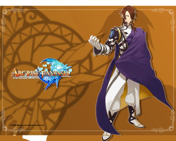 Anime picture 1280x1024 with arc rise fantasia single long hair looking at viewer fringe simple background brown hair standing green eyes light smile hair over one eye inscription boy gloves cloak