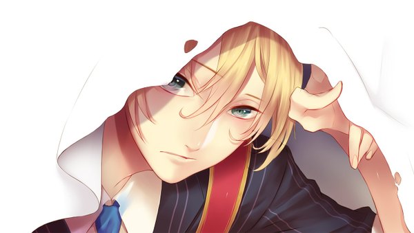 Anime picture 1414x800 with touken ranbu nitroplus yamanbagiri kunihiro nipponia nippon single looking at viewer short hair blonde hair simple background wide image white background aqua eyes face boy necktie