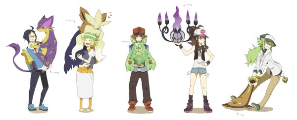 Anime picture 2700x1100 with pokemon pokemon (game) pokemon black and white nintendo hilda (pokemon) n (pokemon) hilbert (pokemon) bianca (pokemon) chandelure cheren (pokemon) liepard reuniclus stunfisk stoutland sei (shinkai parallel) long hair highres short hair black hair blonde hair