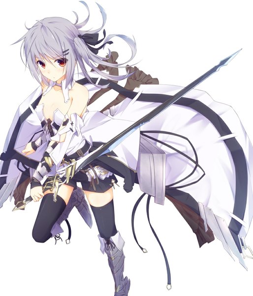 Anime picture 899x1050 with original nagishiro mito single long hair tall image red eyes white background bare shoulders grey hair girl thighhighs weapon black thighhighs detached sleeves sword boots