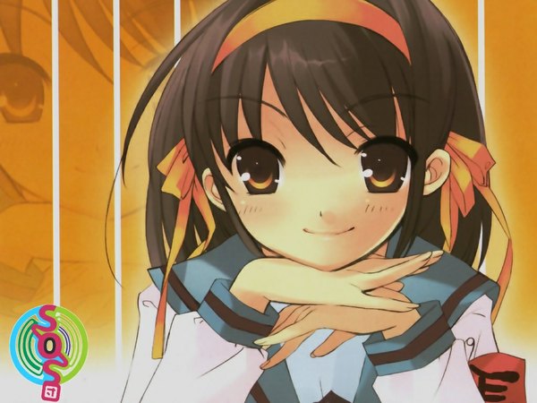 Anime picture 1024x768 with suzumiya haruhi no yuutsu kyoto animation suzumiya haruhi itou noiji short hair brown hair official art girl armband