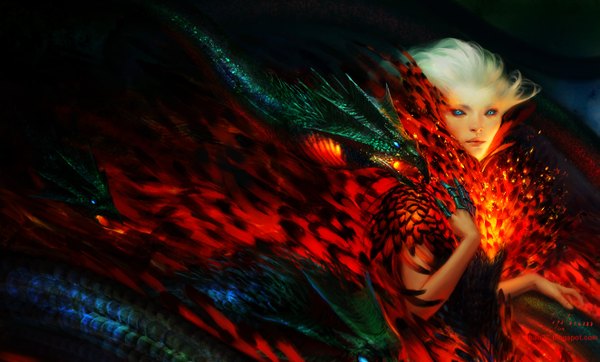 Anime picture 1323x800 with original bao pham (artist) short hair blue eyes wide image blue hair aqua eyes realistic glowing glowing eye (eyes) fantasy girl animal feather (feathers) dragon basilisk (dracon)