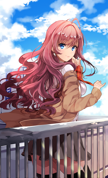 Anime picture 672x1100 with idolmaster idolmaster cinderella girls ichinose shiki ice (ice aptx) single long hair tall image looking at viewer blush fringe breasts blue eyes smile standing pink hair sky cloud (clouds) ahoge pleated skirt looking back