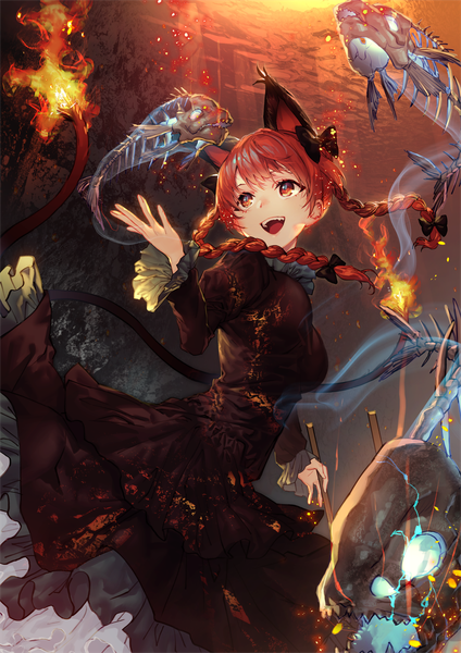 Anime picture 1000x1414 with touhou kaenbyou rin uu uu zan single long hair tall image open mouth red eyes animal ears looking away red hair tail braid (braids) :d animal tail cat ears cat girl cat tail twin braids multiple tails