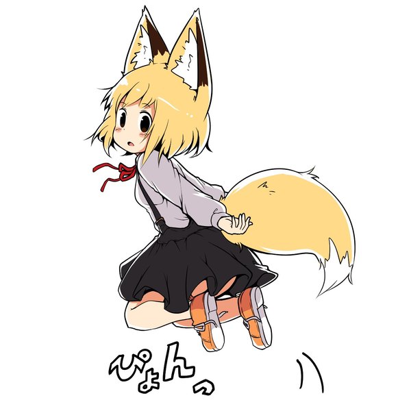 Anime picture 1280x1280 with original koko (yutturi) yutturi single looking at viewer short hair open mouth simple background blonde hair white background brown eyes animal ears full body bent knee (knees) tail long sleeves animal tail from behind fox ears fox tail