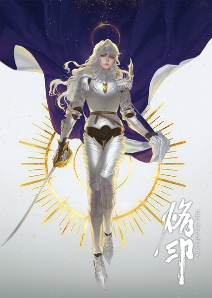 Anime picture 800x1127 with berserk griffith kenny single long hair tall image looking at viewer fringe blue eyes hair between eyes holding full body white hair grey background floating hair hieroglyph wavy hair boy gloves weapon