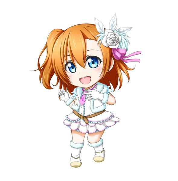 Anime picture 1407x1435 with love live! school idol project sunrise (studio) love live! kousaka honoka kuena single tall image looking at viewer short hair open mouth blue eyes simple background white background orange hair one side up chibi girl dress gloves hair ornament