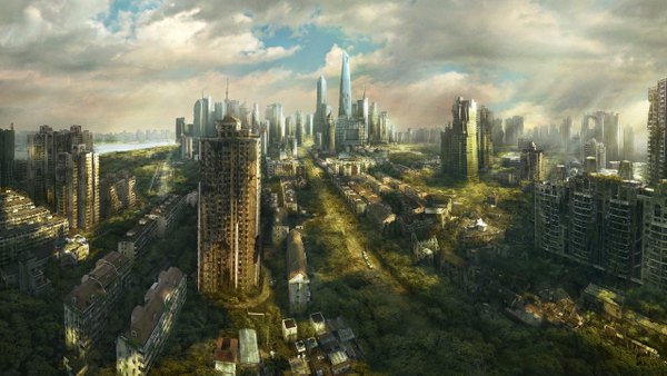 イラスト 1280x722 と オリジナル wide image city cityscape ruins post-apocalyptic overgrown 建物