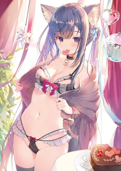Anime picture 1357x1920 with original miwabe sakura single tall image looking at viewer blush fringe breasts light erotic large breasts standing twintails holding brown eyes animal ears payot cleavage indoors very long hair multicolored hair